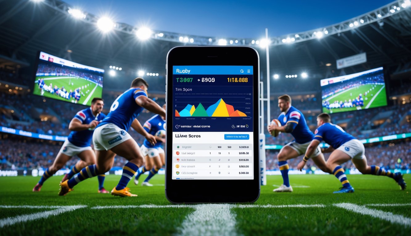 Pertandingan rugby sedang berlangsung di stadion dengan pemain yang beraksi dan perangkat digital menampilkan skor serta statistik secara real-time.