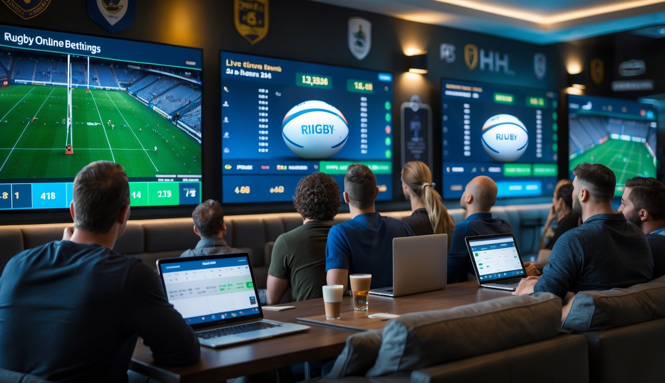 Orang-orang menonton layar besar menampilkan skor dan statistik pertandingan rugby secara langsung dalam suasana taruhan olahraga online.