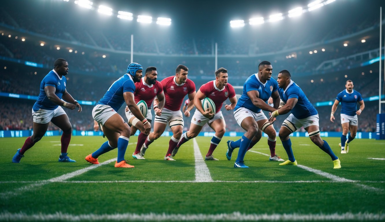 Pertandingan rugby internasional dengan pemain yang fokus bermain di lapangan hijau dan pelatih berdiskusi di pinggir lapangan.