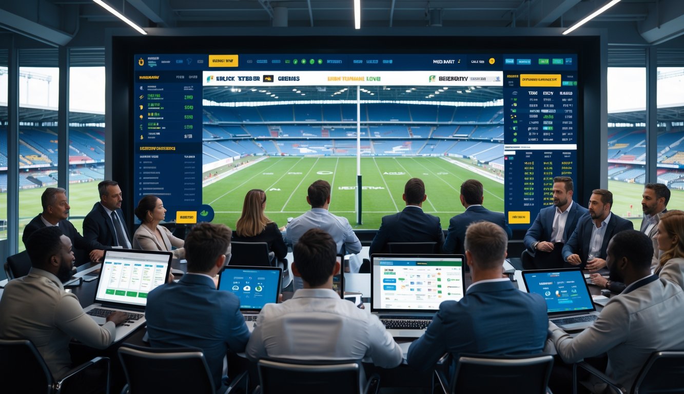 Sekelompok orang sedang berdiskusi dan menganalisis data taruhan rugby online di sebuah ruangan modern dengan layar digital besar dan pemandangan pertandingan rugby internasional di latar belakang.