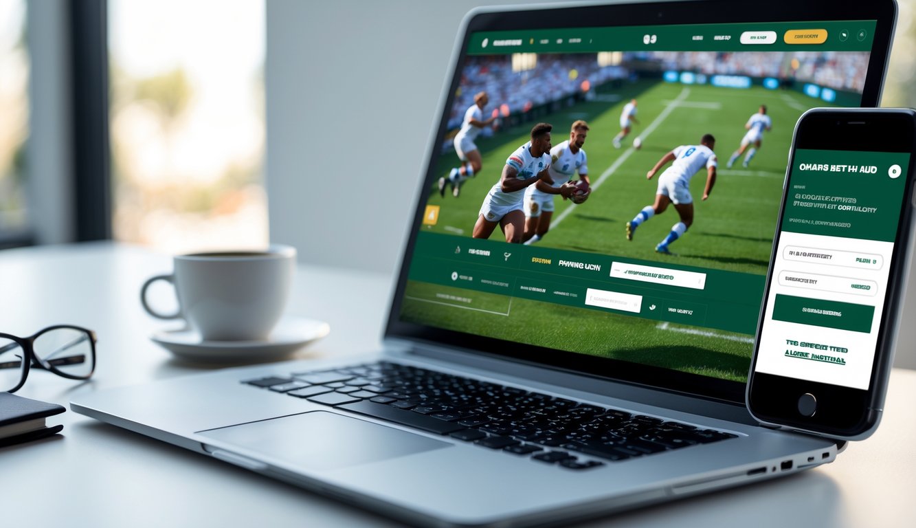 Seorang pengguna sedang melihat pertandingan rugby secara online di laptop dan menggunakan ponsel untuk taruhan judi rugby yang aman.