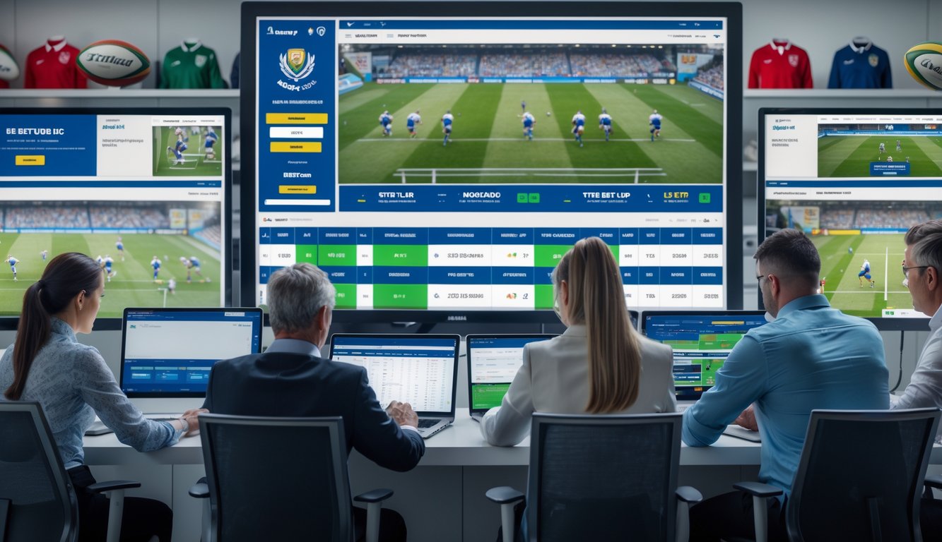 Orang-orang sedang menggunakan komputer dan tablet untuk memasang taruhan pada pertandingan rugby di sebuah ruang kerja modern dengan layar menampilkan statistik dan siaran langsung rugby.
