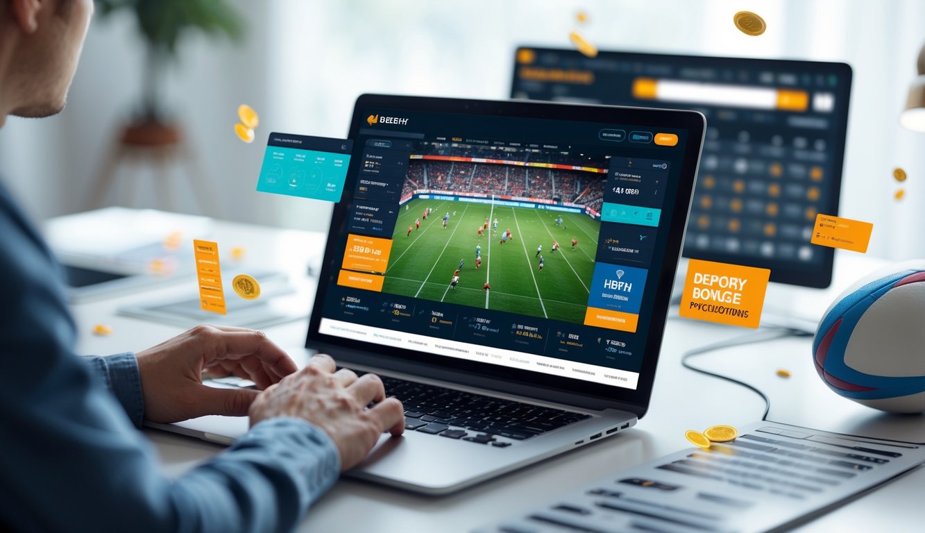 Seseorang menggunakan laptop dengan pertandingan rugby di layar, dikelilingi oleh elemen yang menunjukkan aktivitas taruhan online rugby.