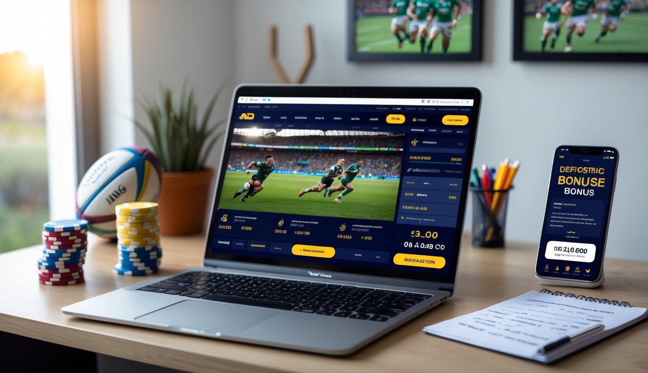Seorang pria menggunakan laptop di meja kerja dengan siaran pertandingan rugby dan situs taruhan online terbuka, dikelilingi oleh chip poker dan ponsel dengan notifikasi bonus.
