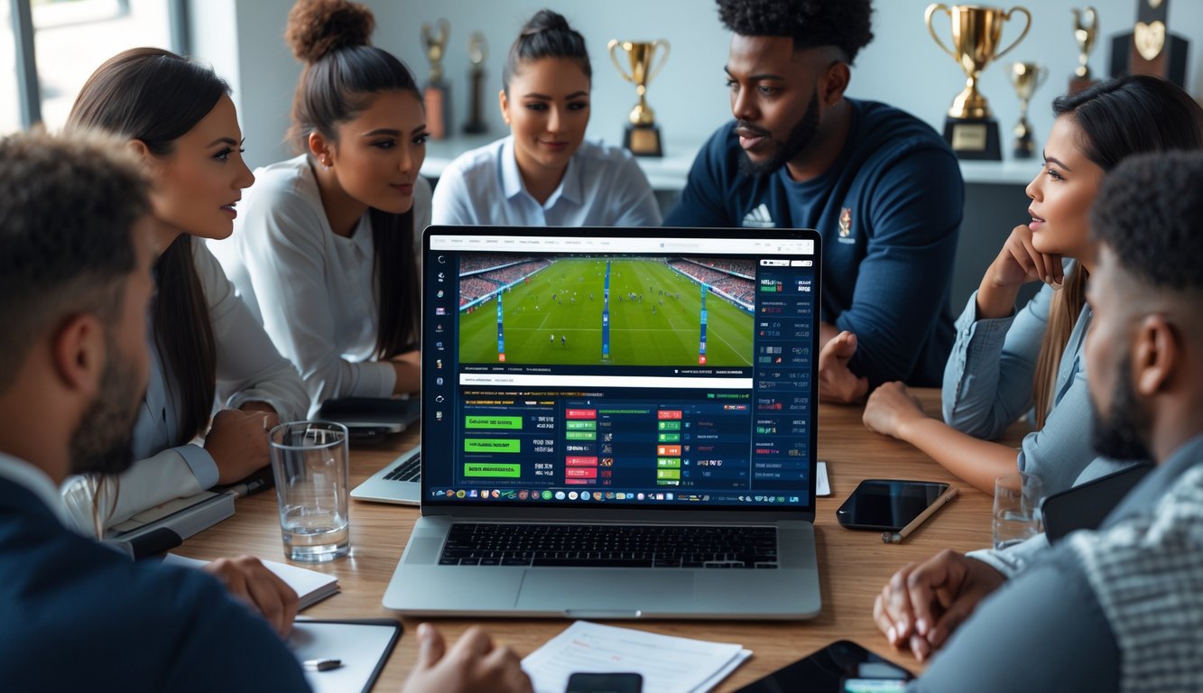 Sekelompok orang muda sedang menganalisis data taruhan rugby online di sekitar meja dengan laptop yang menampilkan pertandingan rugby.