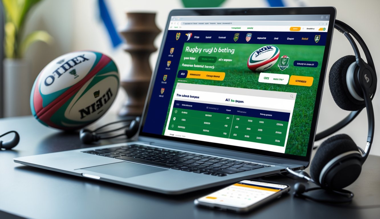 Sebuah meja kerja modern dengan laptop yang menampilkan situs taruhan rugby online, bola rugby, headphone olahraga, dan ponsel dengan aplikasi taruhan terbuka.