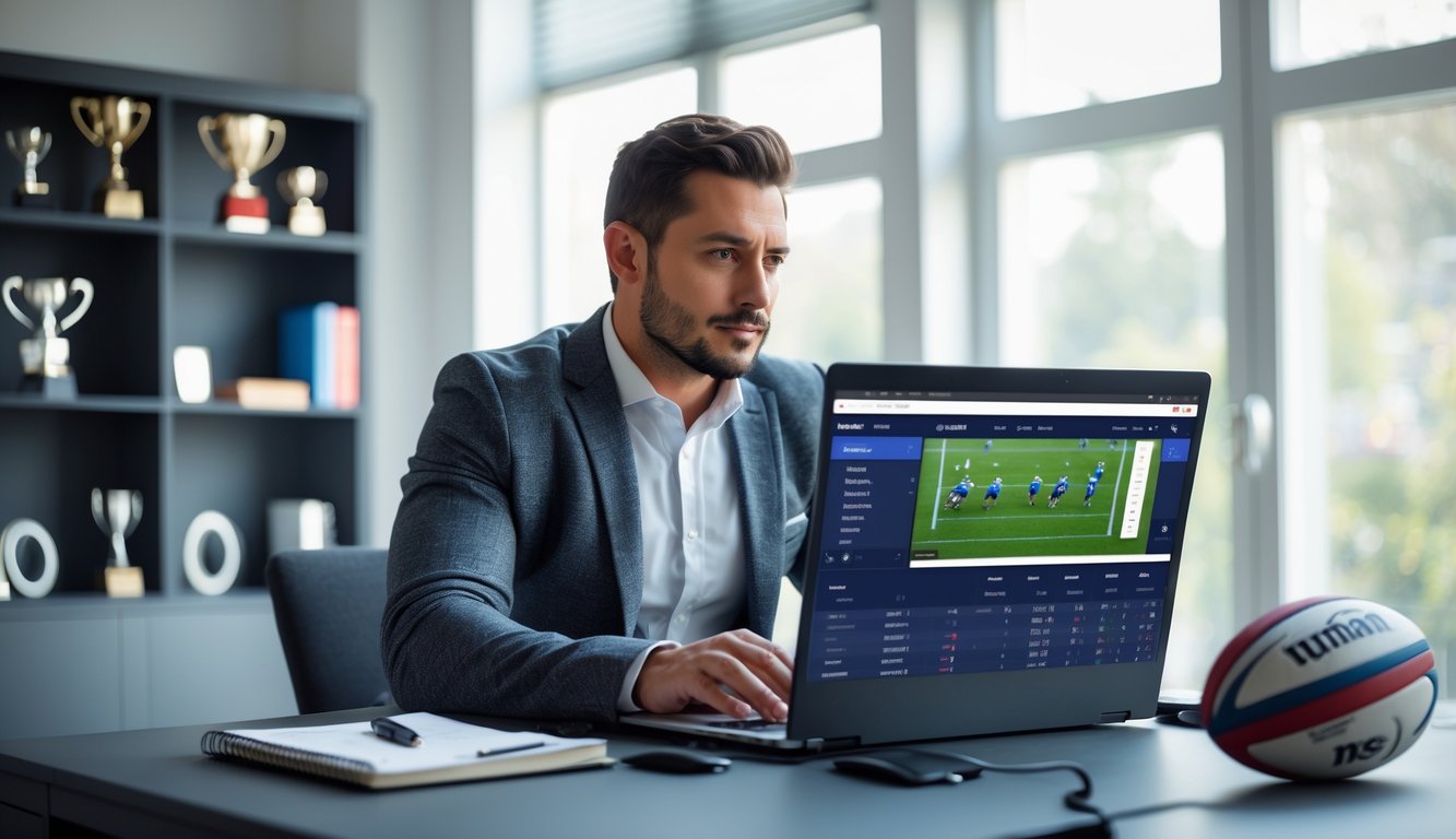 Seorang pria fokus duduk di meja dengan laptop, memasang taruhan rugby online, di ruangan yang terang dengan bola rugby dan trofi di latar belakang.