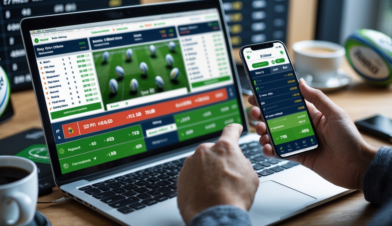 Orang sedang menggunakan laptop dan ponsel untuk memasang taruhan rugby online dengan bola rugby dan papan skor di meja.
