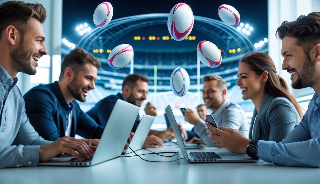 Orang-orang menggunakan laptop dan ponsel untuk bertaruh pada pertandingan rugby secara online di lingkungan yang modern dan cerah.