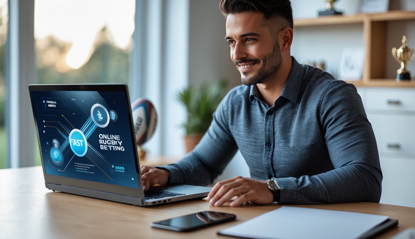 Seorang pria menggunakan laptop di ruang kerja modern dengan latar belakang bola rugby dan piala, menggambarkan taruhan rugby online yang terpercaya dan pembayaran cepat.