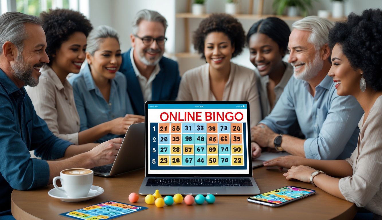 Sekelompok orang bermain bingo online menggunakan laptop dan tablet di ruang tamu yang nyaman.