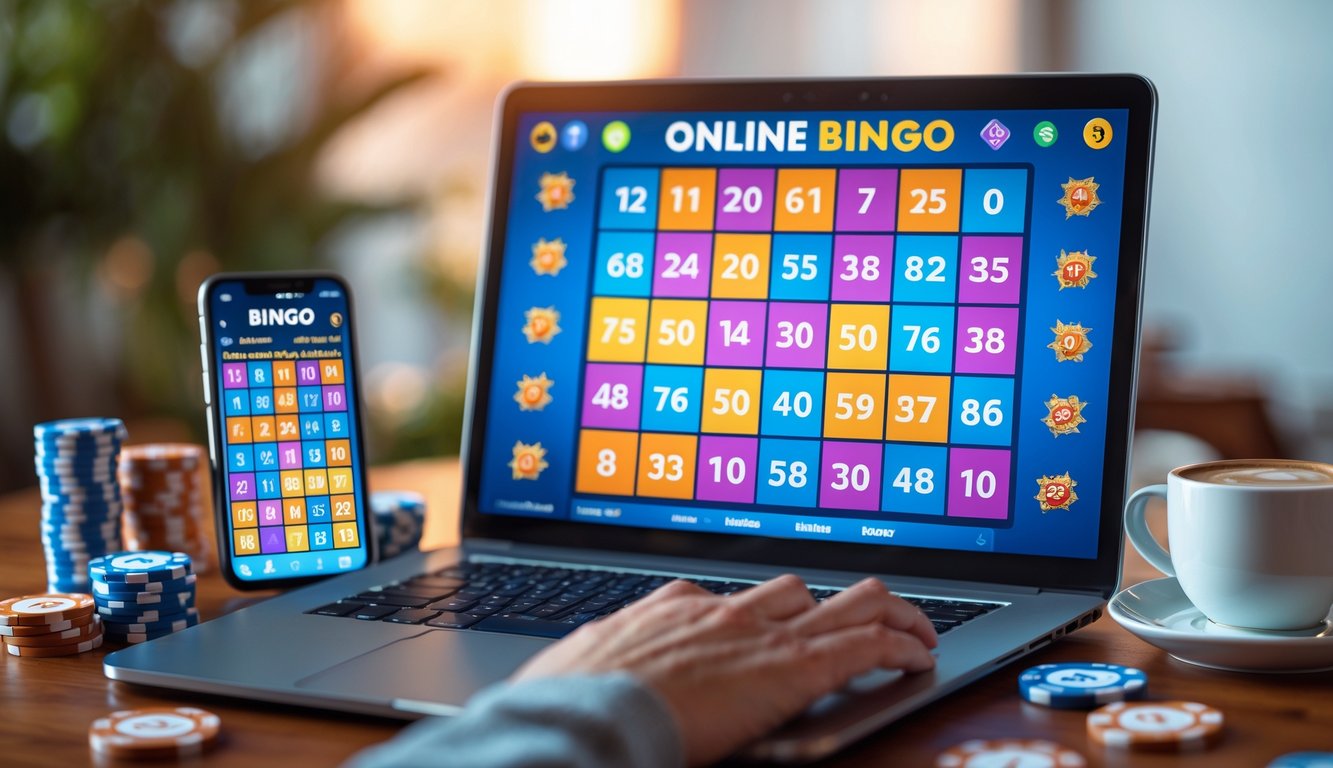 Sebuah meja dengan komputer yang menampilkan permainan bingo online, dikelilingi oleh chip poker dan ponsel, suasana nyaman di rumah.