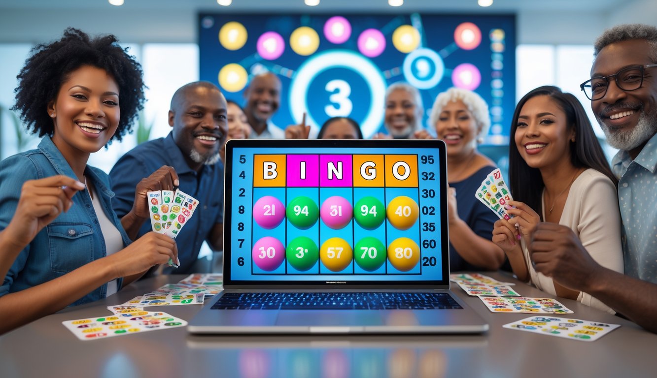 Beberapa orang dewasa bermain bingo online dengan komputer di ruangan yang terang dan nyaman, menunjukkan suasana kegembiraan dan antusiasme.