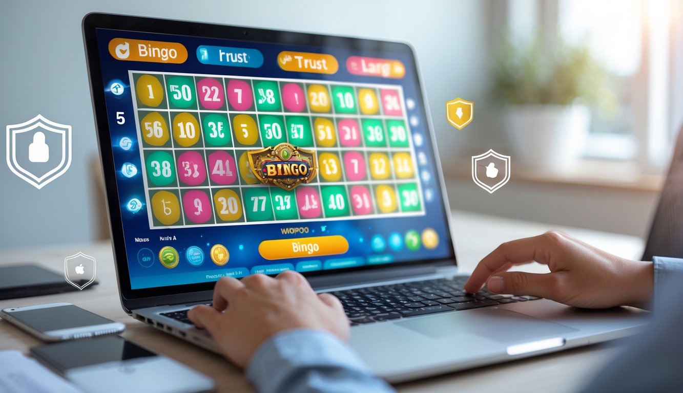 Seseorang menggunakan komputer dengan tampilan permainan bingo online yang menampilkan kartu bingo dan indikator jackpot.