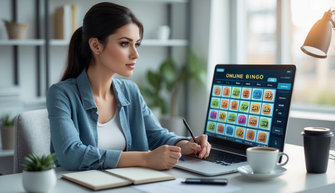 Seorang wanita muda duduk di meja dengan laptop, fokus pada permainan bingo online di layar, di ruangan kerja dengan cahaya alami.