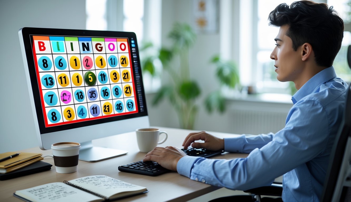 Seorang dewasa muda sedang bermain judi bingo online di depan komputer di ruang kerja rumah yang rapi dan terang.