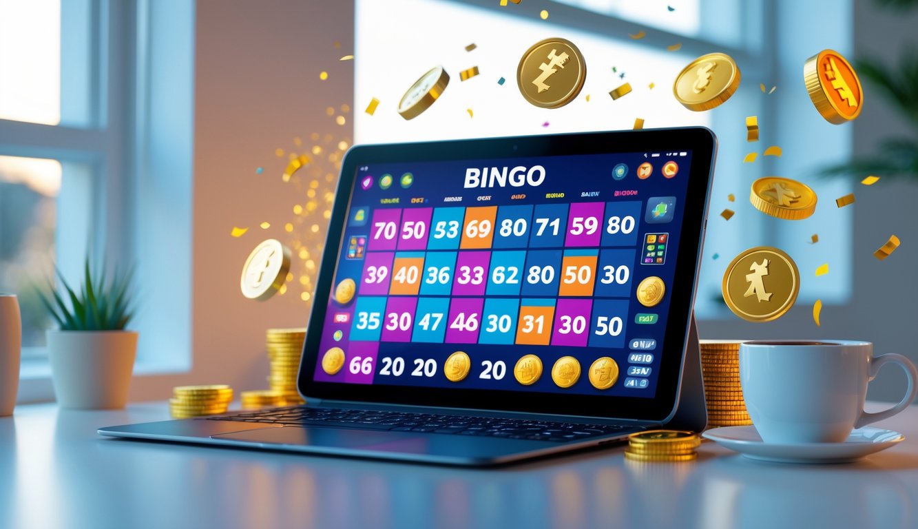 Seseorang menggunakan laptop dengan permainan bingo online yang menampilkan kartu bingo dan koin di meja kerja yang bersih.