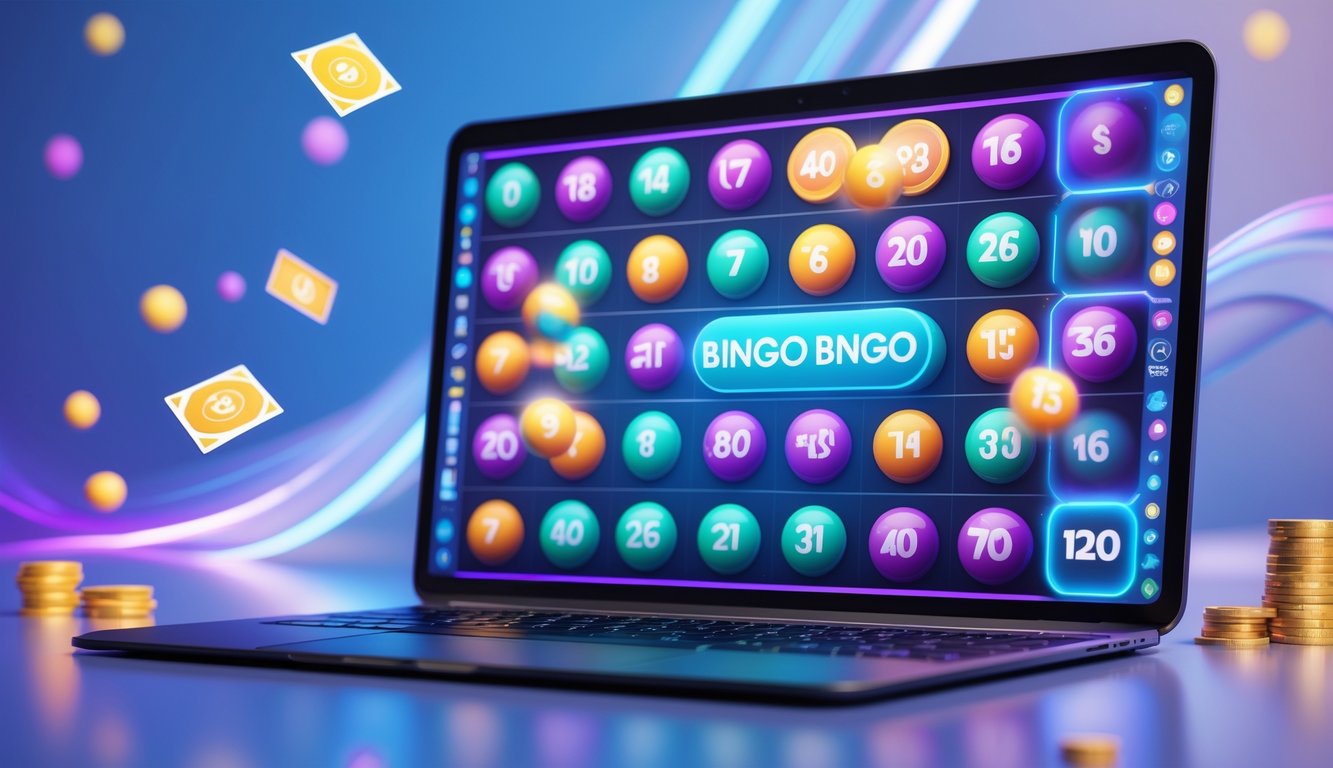 Sebuah laptop modern menampilkan permainan bingo online dengan bola bingo berwarna-warni dan ikon bonus di sekitarnya.