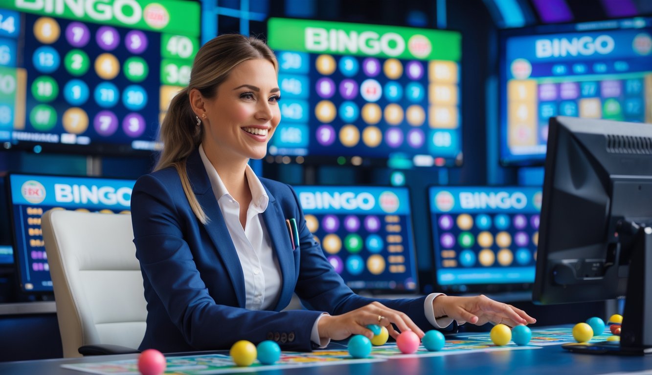 Seorang dealer wanita tersenyum di studio modern dengan kartu bingo dan bola bingo berwarna-warni, sedang memimpin permainan bingo online langsung.