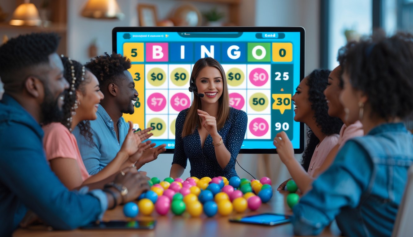 Seorang dealer wanita tersenyum di layar video dengan pemain yang antusias bermain bingo online menggunakan perangkat digital di lingkungan rumah yang nyaman.