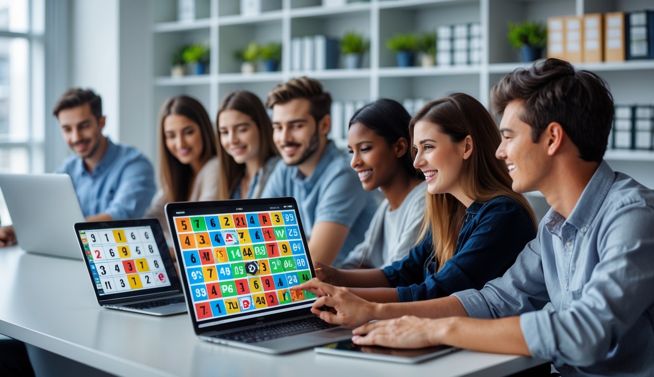 Beberapa orang muda sedang bermain bingo online dengan perangkat digital di sebuah kantor yang rapi dan terang.