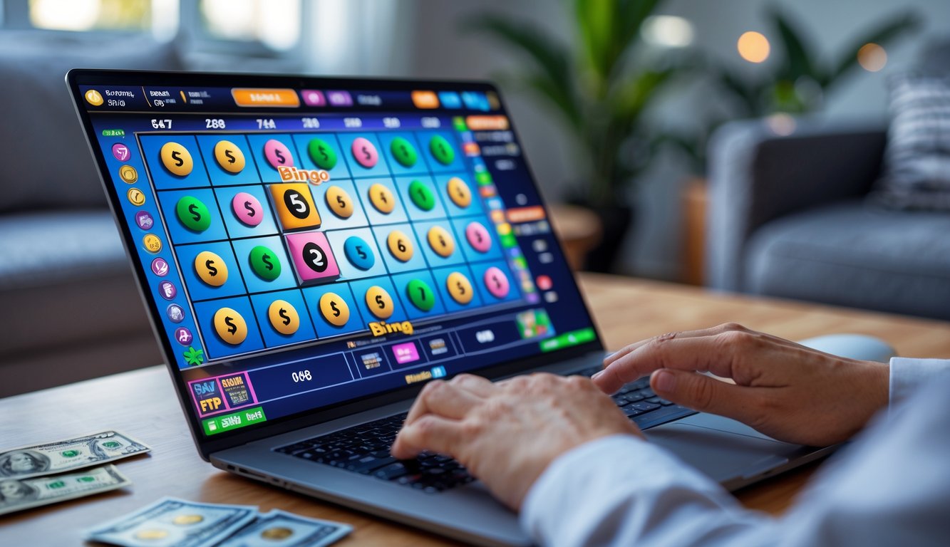 Seseorang bermain bingo online menggunakan komputer di ruang tamu dengan tampilan permainan bingo di layar.