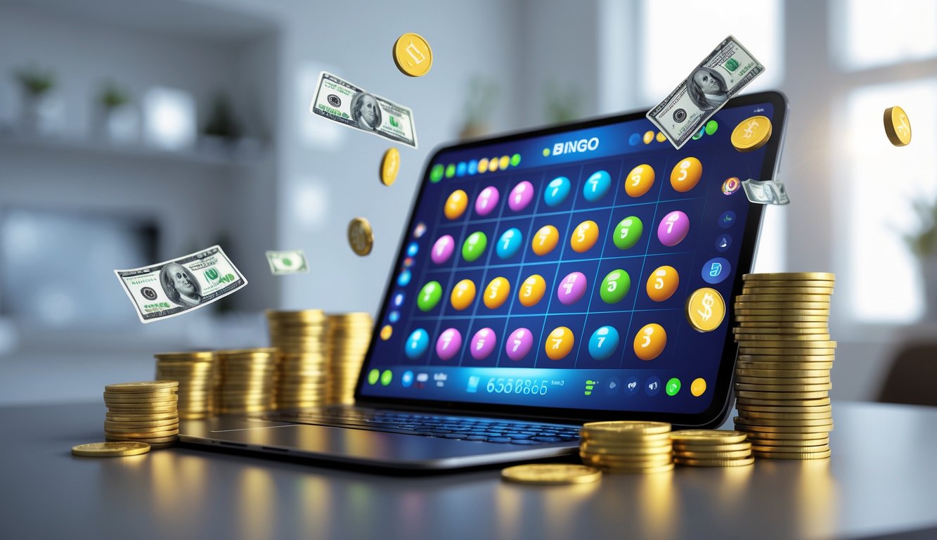 Seseorang menggunakan laptop dengan permainan bingo online yang menampilkan bola bingo dan uang nyata di sekitar perangkat.