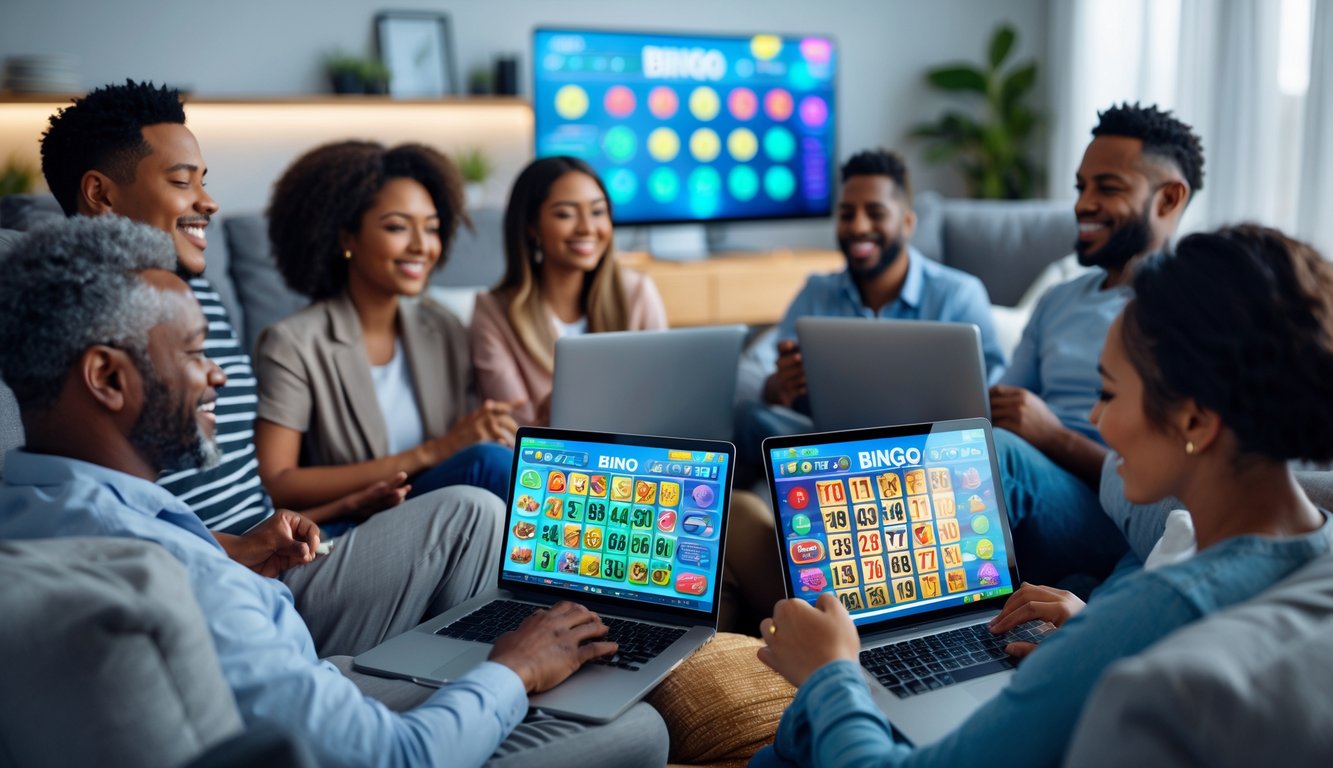 Sekelompok orang beragam sedang bermain bingo online dengan laptop dan ponsel di ruang tamu modern.