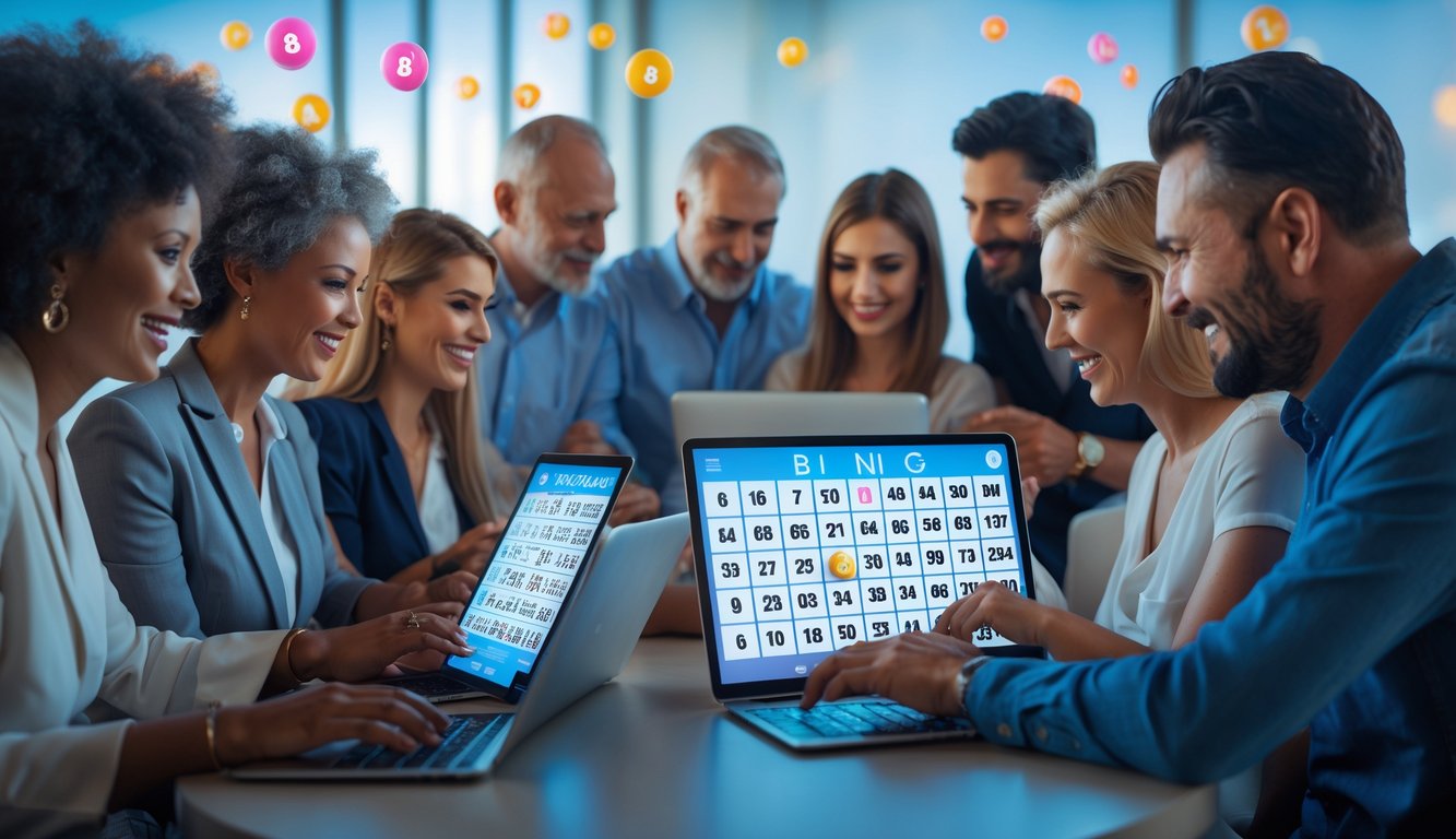 Sekelompok orang dewasa sedang bermain bingo online dengan laptop dan tablet di ruangan yang terang dan modern.
