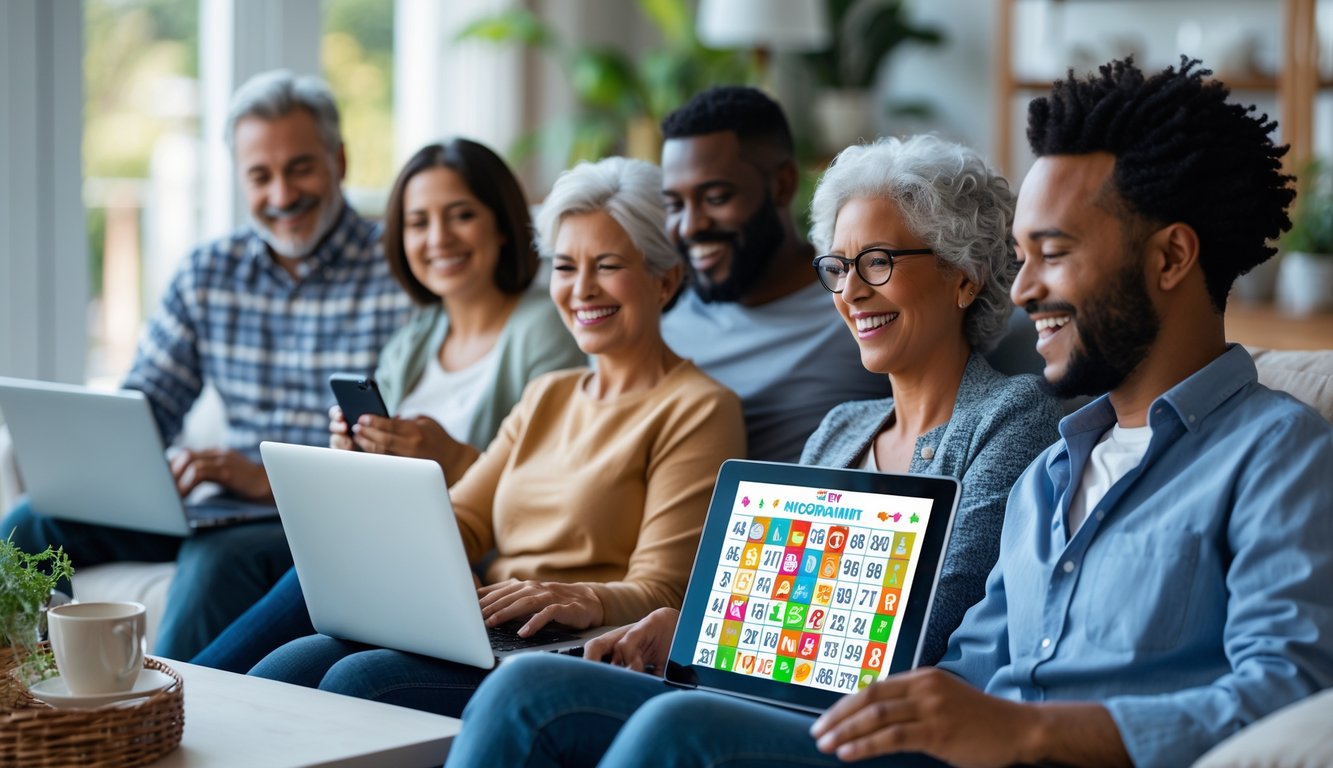 Sekelompok orang dari berbagai usia dan latar belakang sedang bermain bingo online bersama menggunakan perangkat digital di ruang tamu yang nyaman.
