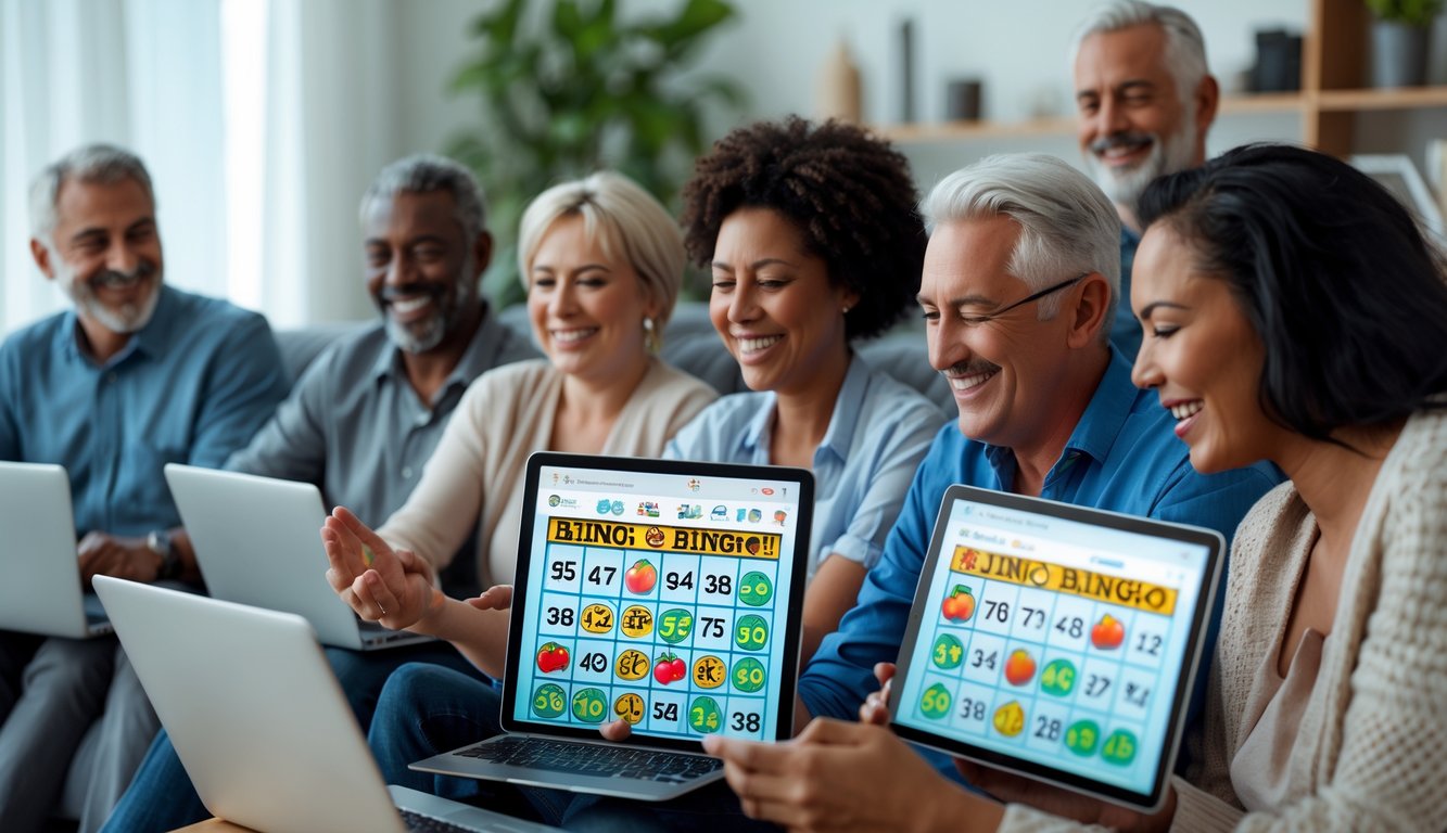 Sekelompok orang dewasa yang sedang bermain bingo online bersama menggunakan perangkat digital di ruang tamu yang nyaman.
