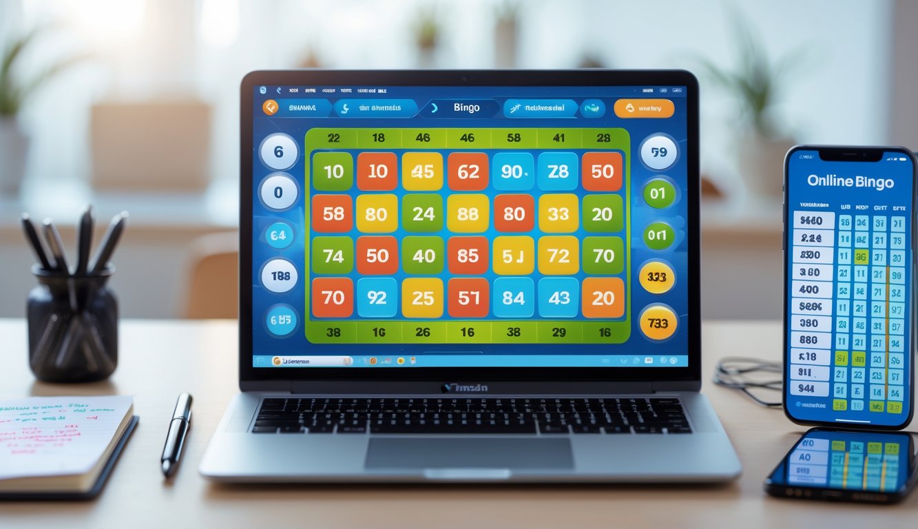 Seorang pemain sedang menggunakan laptop dengan permainan bingo online terbuka, dikelilingi catatan dan ponsel yang menampilkan grafik statistik.
