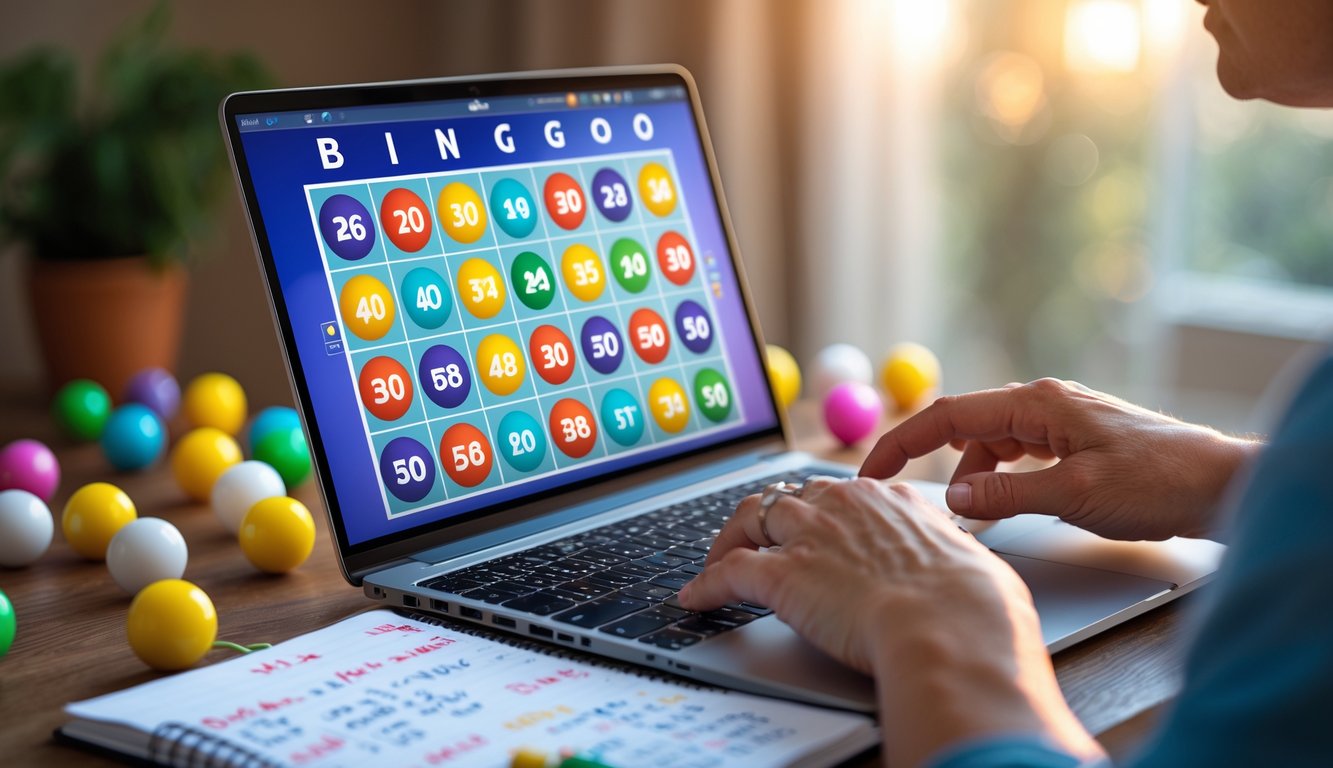 Seseorang sedang bermain judi bingo online menggunakan laptop dengan bola bingo dan catatan strategi di meja.