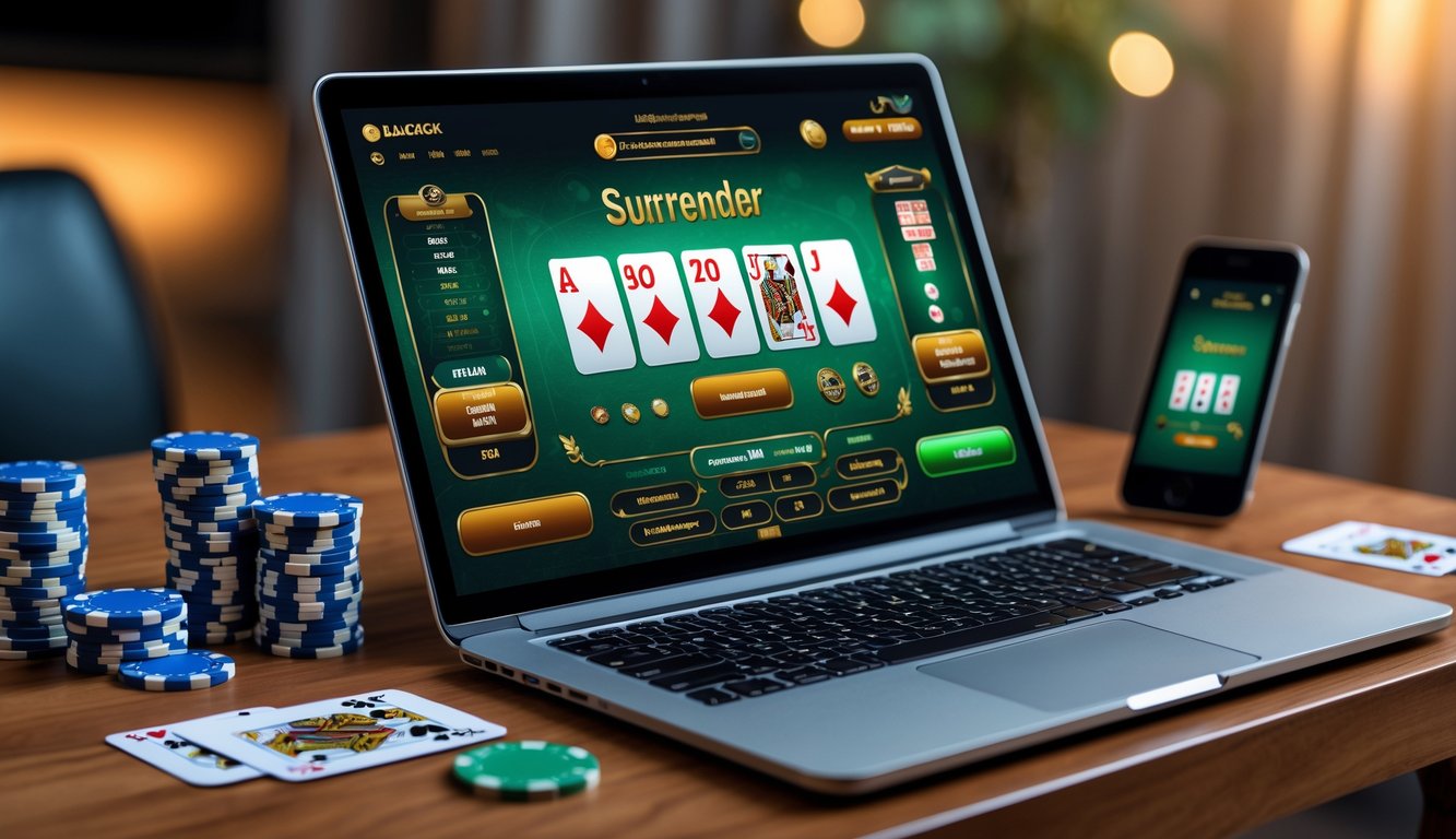 Seorang pemain sedang menggunakan laptop dengan permainan blackjack online di layar, dikelilingi oleh chip poker dan kartu remi di atas meja.