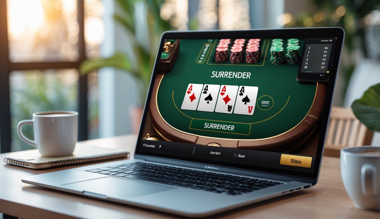 Seseorang sedang bermain blackjack online di laptop dengan meja kartu dan suasana ruangan yang nyaman.