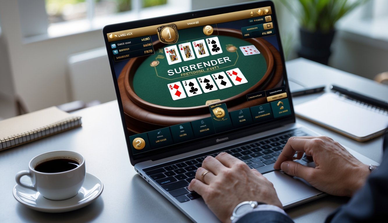 Seseorang menggunakan laptop yang menampilkan permainan blackjack online dengan opsi surrender yang terlihat jelas di layar.