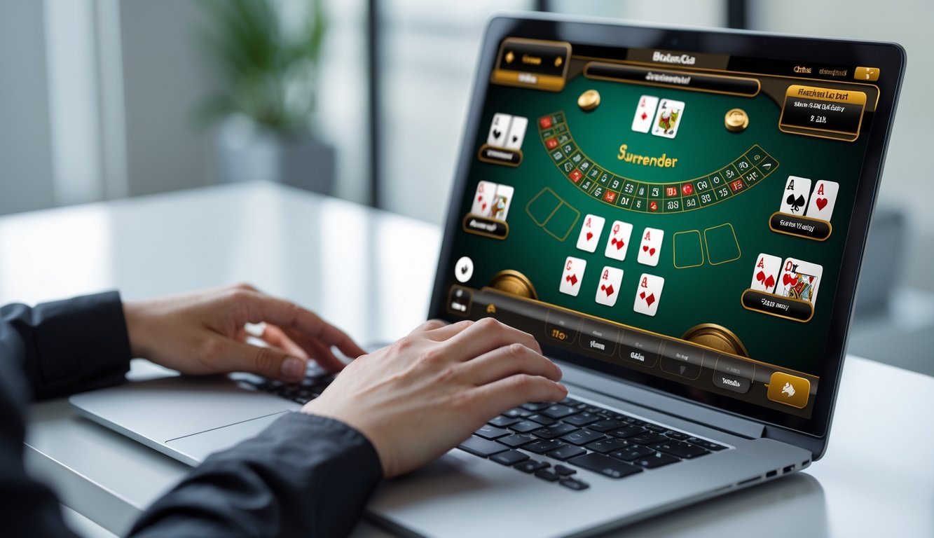 Seseorang menggunakan fitur surrender di permainan blackjack online pada layar laptop di meja kerja.