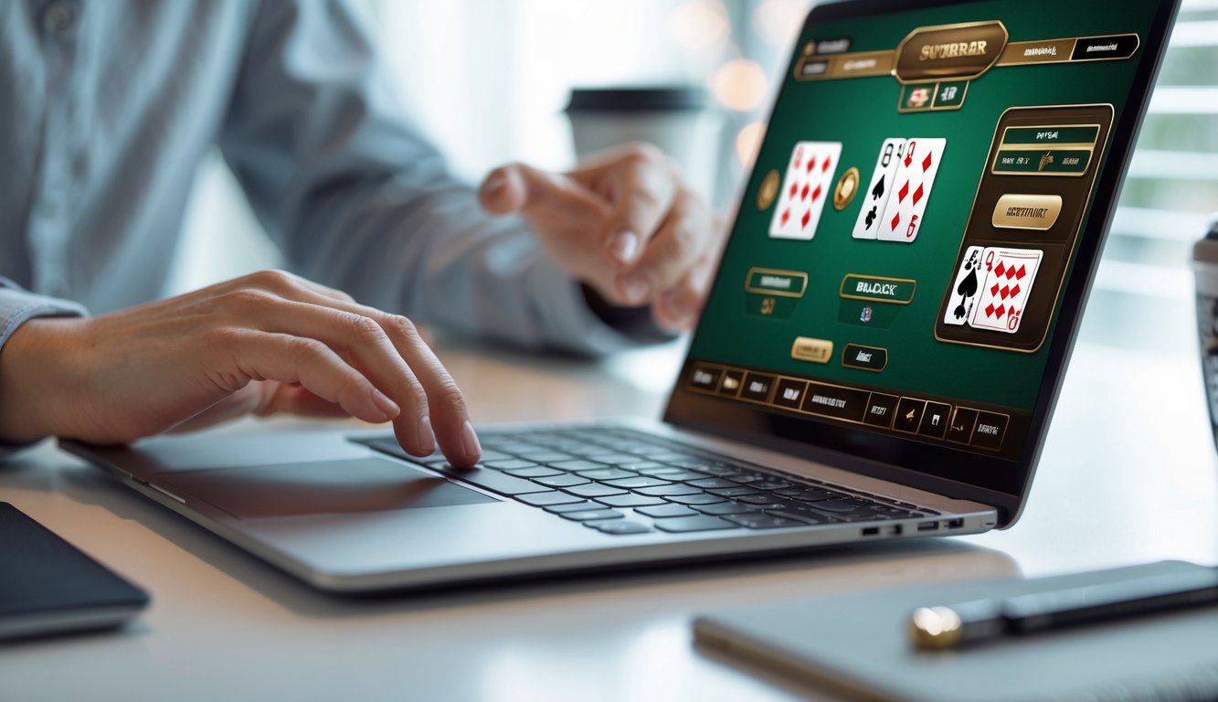 Seseorang sedang bermain blackjack online di laptop dengan jari menunjuk tombol surrender pada layar.