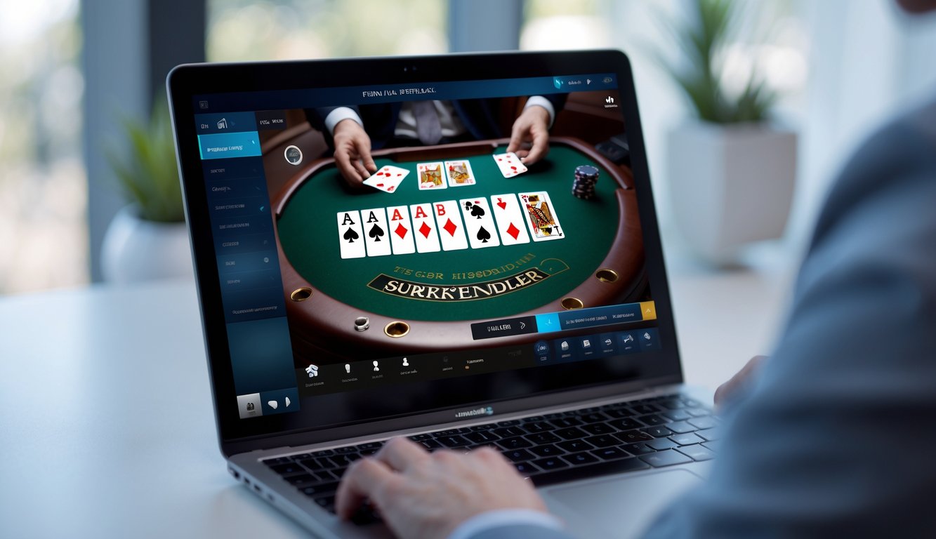 Layar perangkat modern menampilkan permainan blackjack online dengan kartu yang dibagikan dan opsi menyerah, di meja digital yang elegan dan aman.