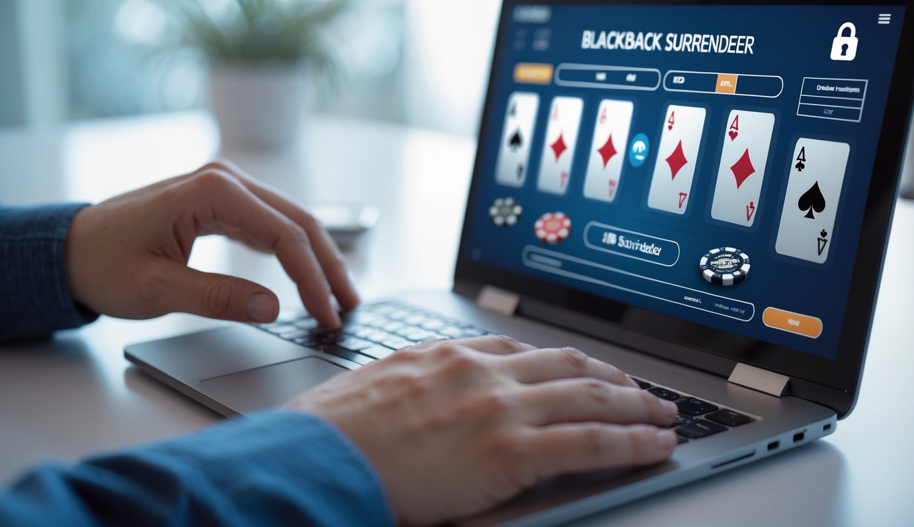 Seseorang menggunakan komputer dengan permainan blackjack online yang terlihat di layar, menunjukkan suasana permainan yang aman dan terpercaya.