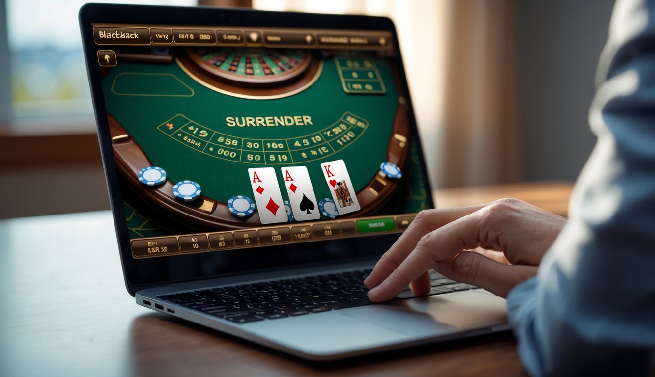 Tangan seseorang siap bermain blackjack online di depan layar laptop di atas meja kayu.