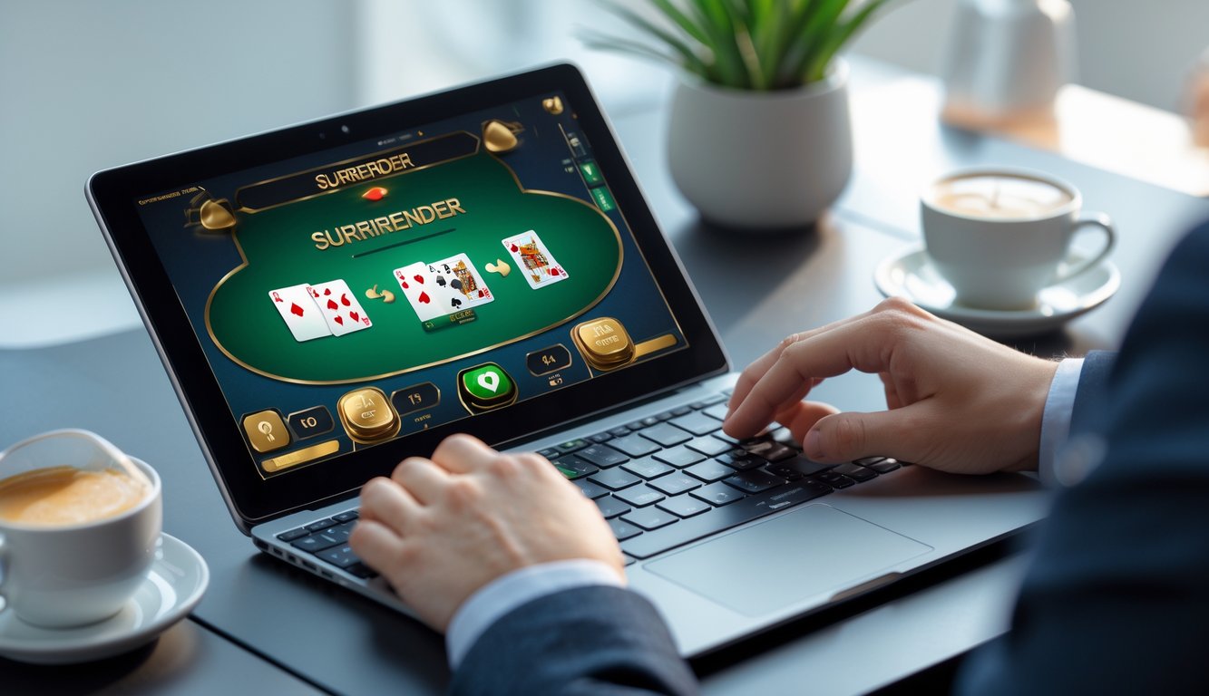 Seorang pemain blackjack online sedang melihat layar laptop dengan kartu blackjack yang menampilkan pilihan surrender, di meja kerja modern dengan pencahayaan alami.