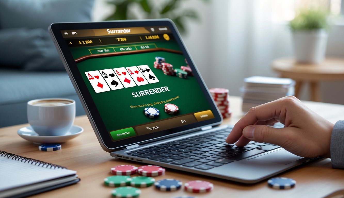 Seorang pria sedang bermain blackjack online di laptop dengan tumpukan chip kecil di meja, menunjukkan suasana fokus dan strategi dalam bermain dengan modal kecil.