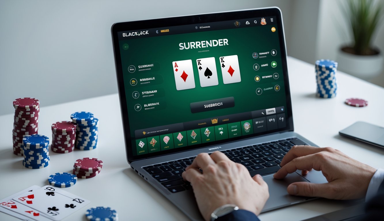 Seseorang bermain blackjack online di laptop dengan chip dan kartu di meja.
