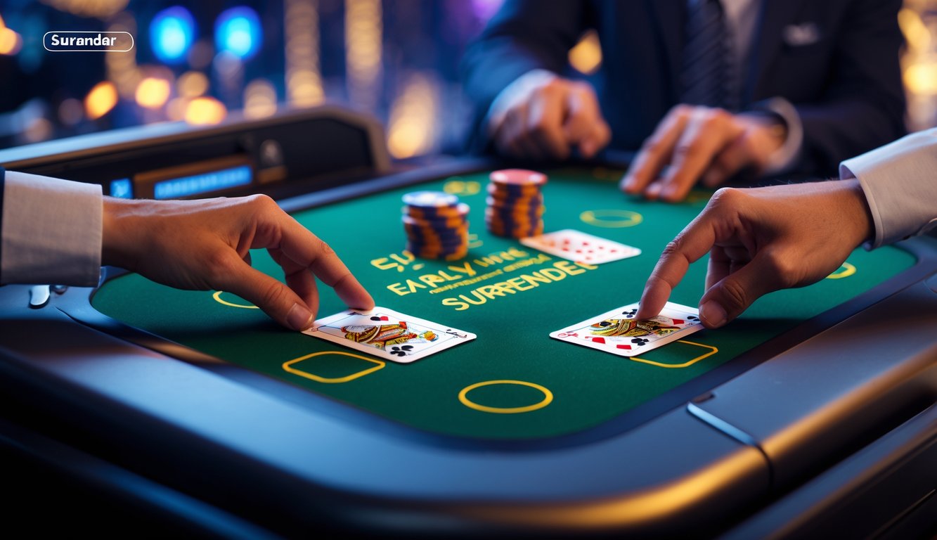 Tampilan meja blackjack digital dengan dua tangan yang menunjukkan perbedaan antara surrender awal dan surrender terlambat dalam permainan blackjack online.