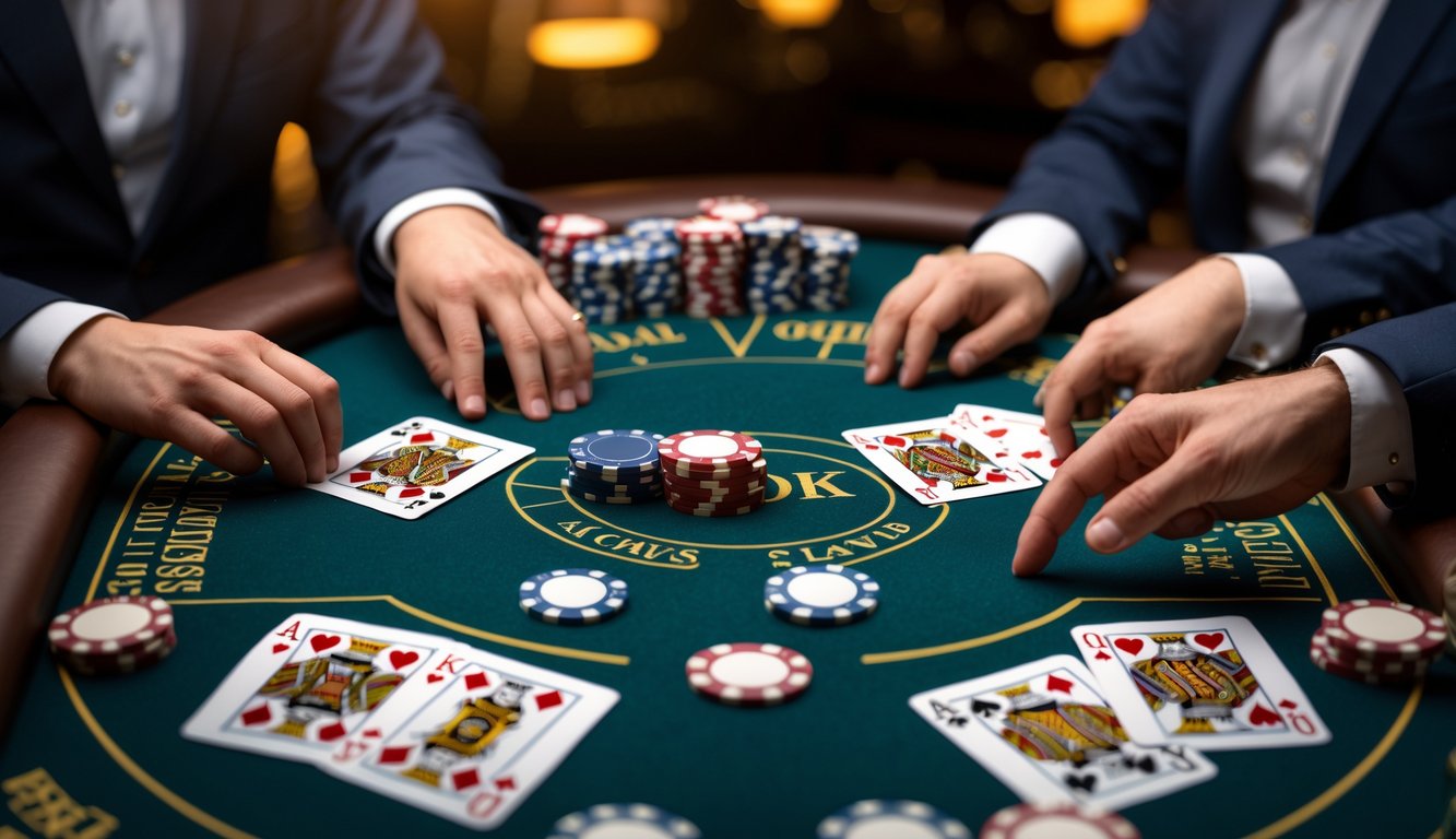 Meja blackjack dengan kartu dan chip, menunjukkan dua tangan pemain yang berbeda sedang melakukan surrender di permainan blackjack.