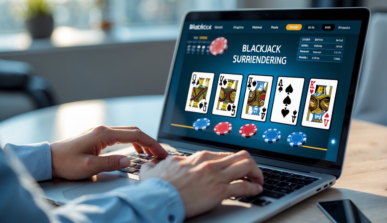 Seorang pengguna bermain blackjack online di laptop di ruang kerja modern dengan pencahayaan alami.