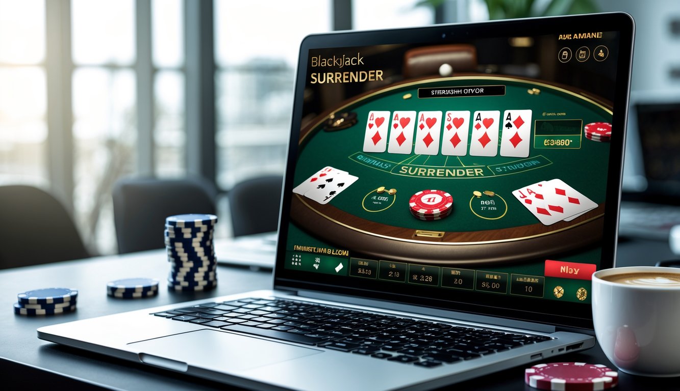 Seorang pemain menggunakan komputer untuk bermain blackjack online dengan tampilan kartu dan opsi menyerah di layar.
