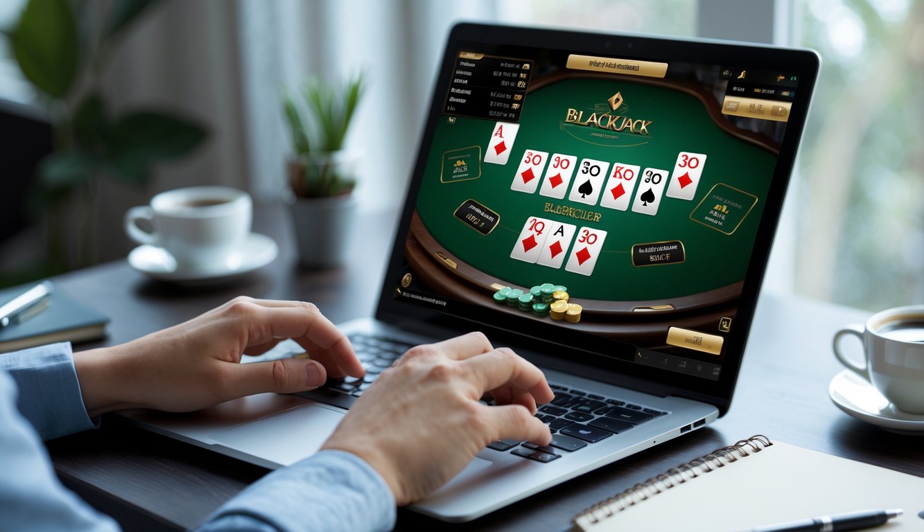 Seseorang bermain blackjack online di laptop dengan meja blackjack dan kartu terlihat, di ruang kerja rumah yang terang dan rapi.