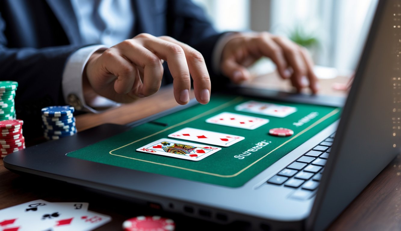 Tampilan layar komputer dengan permainan blackjack online, tangan pengguna menunjuk tombol surrender di layar.